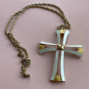 Gold Tone White Chunky Large Cross Necklace Religious